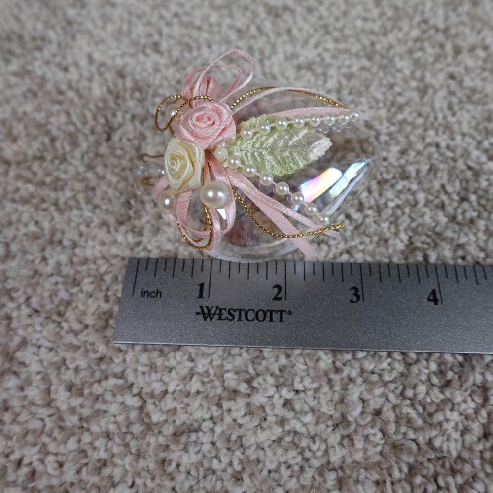 Iridescent Glass Heart Ornament Pink Satin Roses Pearls Gold Accents Romantic - Picture 5 of 5